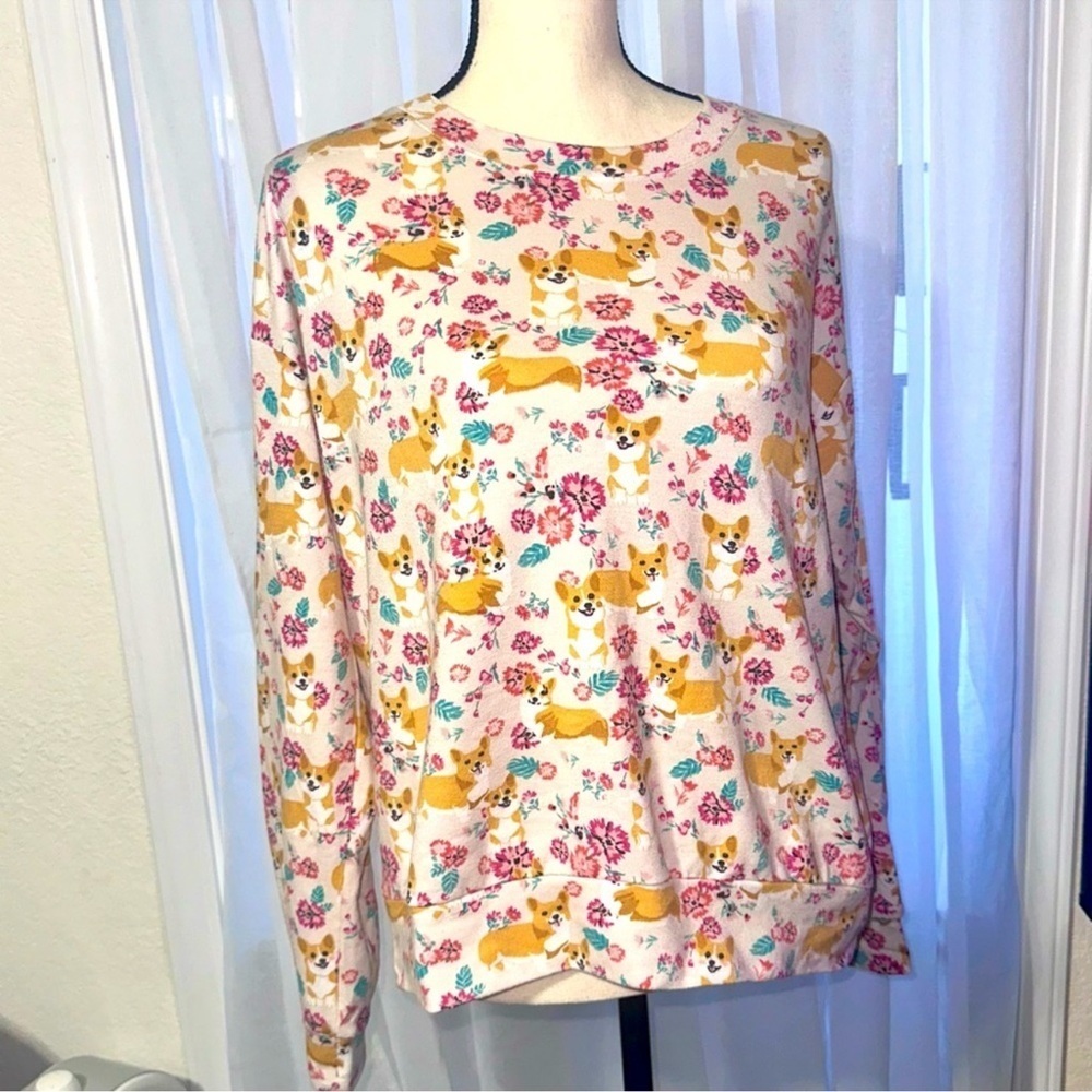 Lily White Floral Corgi Print Sweatshirt, XL